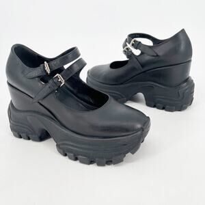 Miu Miu Black Leather Double Mary Jane Platform Wedge Sneakers size IT 39